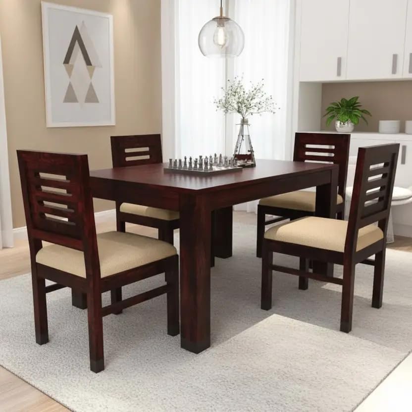 Image of RECTART Solid Wood Dining Table Set with Chairs for Living Room Home | Wooden Dining Room Sets Furniture for Hotels and Restaurants | (Walnut Finish, 4 Seater-A)