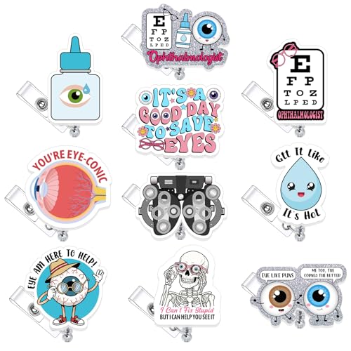 Landical 10 Pcs Optometry Badge Reel Funny Optometrist Badge Clip Holder Retractable Name Card Holder Eye Doctor Ophthalmology Gifts for Medical Md Rn Nurse Office