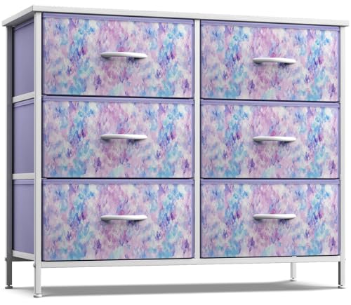 SorbusDresser with 6 Drawers - Furniture Storage Chest for Bedroom Tower Unit Furniture, Hallway, Closet, Office Organization - Steel Frame, Wood Top, Tie-dye Fabric Bins (6-Drawer, Blue/Pink/Purple)