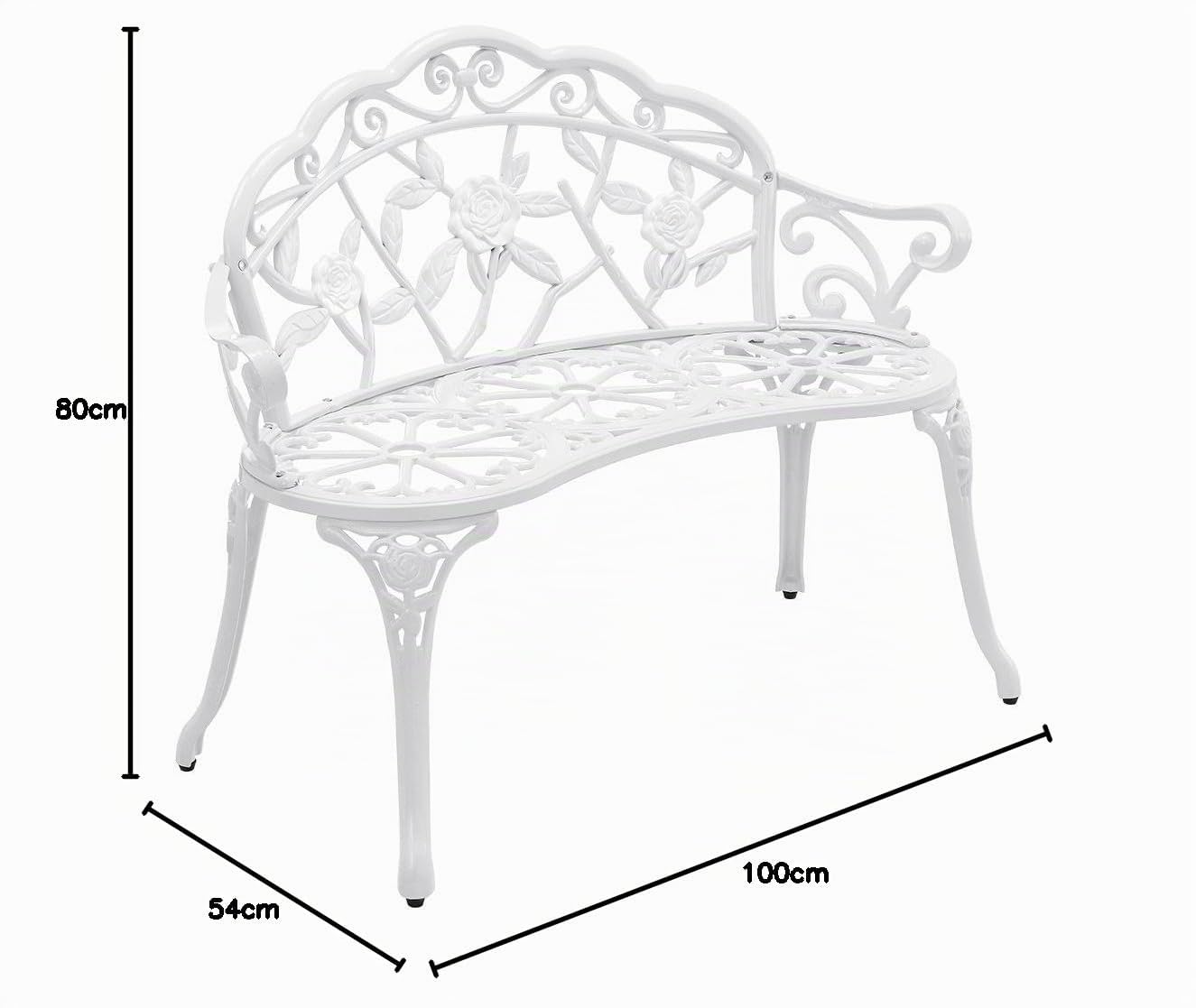 casa.pro Banc de Jardin Design Classique Romantique pour Jardin Terasse Patio Extérieur Résistant aux Intempéries Fonte Aluminium 99 x 54 x 78 cm Blanc