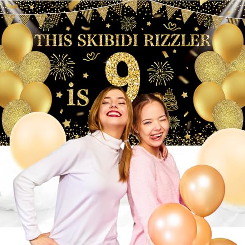 Image of Black Gold This Skibidi Rizzler is 9 No Cap Happy Birthday Backdrop Banner Photography Background Decorations for Boys Girls 9th Year Bday Party Accessories Supplies 72.8 * 43.3in