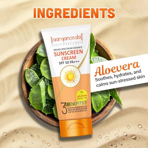 Image of Aryanveda Sunscreen Cream Spf 50 PA+++, With Broad Spectrum Defence, UVA & UVB Protection, Lightweight, No White-Cast, Sweat And Water Resistant, For Men & Women Suits All Skin Types 67 gm