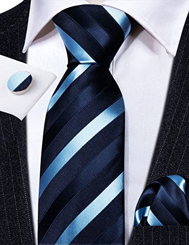 Image of Barry.Wang Tie Sets for Men Silk Stripe Necktie Woven Checkered Handkerchief Cufflinks Formal Business Wedding
