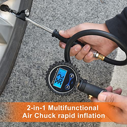 SAFELIFE 1/4" FNPT Straight Foot Dual Head Air Chuck, 9.4" Extended Reach Tilt Lock Tire Inflator Chuck with Grip Handle, 2-Way Connection Tire Chuck with Quick Plug for Semi, RV, Truck Dually Tires