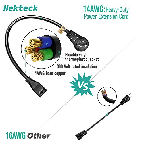 Nekteck Extension Cord, 3 Prong Power Cord 14Awg Extension Cable With 360 Degree Rotating Flat Plug, 3 Pack Short 1 Foot, Ul Listed #TOP4