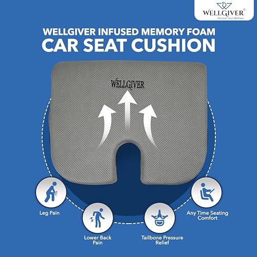 Image of WELLGIVER Memory Foam Car Seat Cushion for Driving - Orthopedic Seat Cushion for Car & Office Chair, Tailbone & Sciatica Pain Relief, Ergonomic Coccyx Support Pillow with Breathable Cover