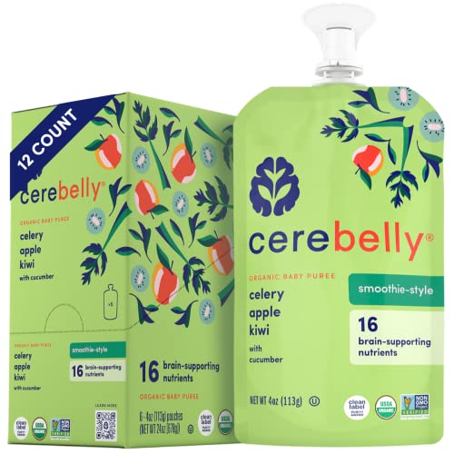Image of Cerebelly Organic Baby Food Pouches – Dairy Free Smoothies for Toddlers | No Added Sugar, Fiber, Non-GMO | Toddler Smoothie Pouches | 4oz BPA-Free Baby Food | Celery Apple Kiwi | 12 Count