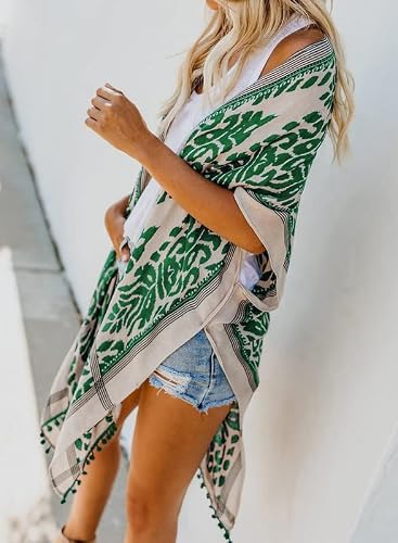 Dokotoo Womens Plus Size Summer Beach Long Boho Chiffon Floral Print Bathing Suit Swim Suit Bikini Kimonos For Summer Swimwear Swimsuit Cover Ups For Women Kimono Cardigans Loose Fit Green #TOP2