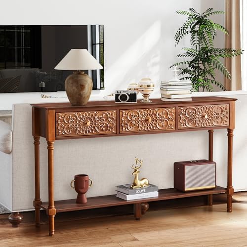 weselon 55.5" Carved Console Table with 3 Drawers, 2-Tier Sofa Ta...