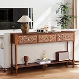weselon 55.5' Carved Console Table with 3 Drawers, 2-Tier Sofa Table with Glossy...
