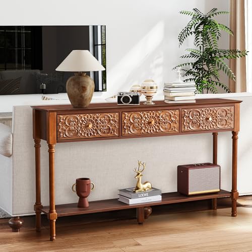 weselon 55.5' Carved Console Table with 3 Drawers, 2-Tier Sofa Table with Glossy...