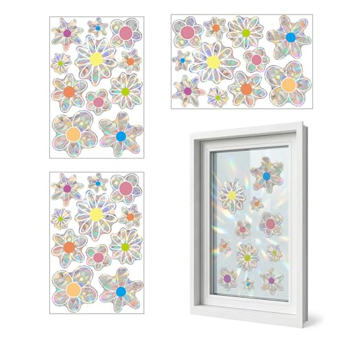 BCHMN 33 Pièces Autocollants Fenêtre Fleurs, Suncatcher, Stickers Vitres Anti-Collision Effet Arc-en-Ciel, Film Électrostatique Holographique pour...