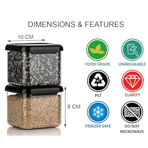 Image of 500ml Square Container Set of 12 | Black Plastic Kitchen Storage Boxes | Airtight Food Containers for Home, Pantry, Snacks, Grains, Spices | Durable & Space Saving Organiser