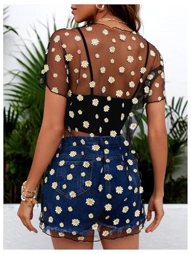 WDIRARA Women's Floral Mesh Sheer Cover Up Short Sleeve Beach Dress Coverups2