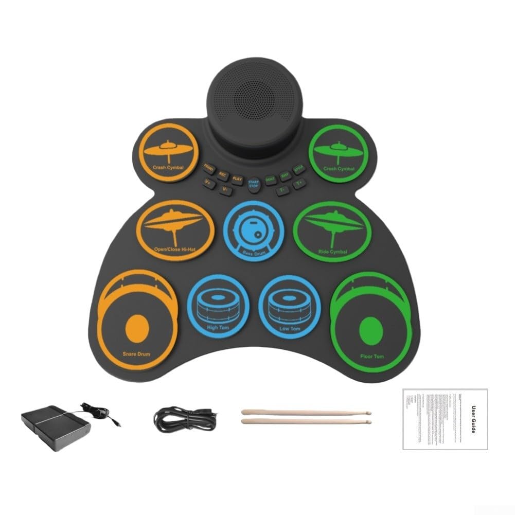 Zoegneer Set di batteria elettronica portatile con 9 cuscinetti arrotolabili, con uscita altoparlanti integrati e jack per cuffie, kit di pratica in silicone, per viaggi, casa, studio, nero