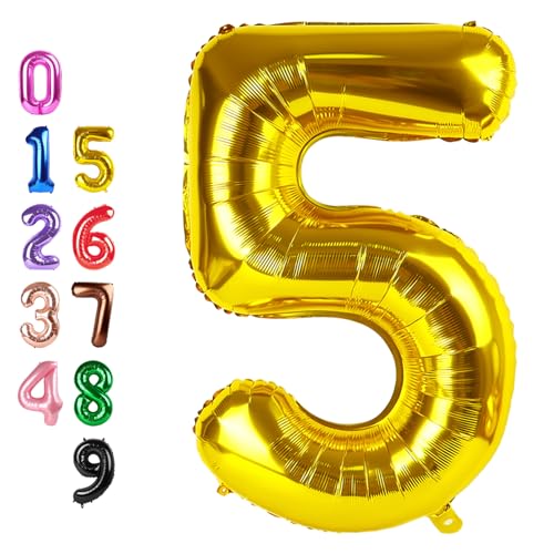 Image of Number Balloons 5 Balloon Gold for 5th Birthday Party Decoration, 40 inch | Saturated Color, Large 40 inch, With Straw & Hanging Holes, For Back-To-School Season, Thanksgiving, Christmas, New Year
