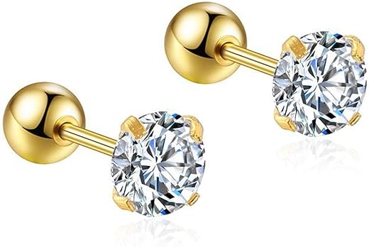 VAMA FASHIONS 4mm 18K Plated Stainless Steel Anti Tarnish Medium White Stone Ear Studs Barbell Hypoallergenic Lightweight ...