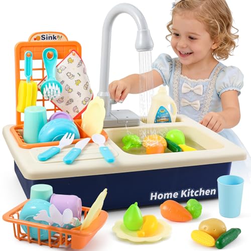 Mini Tudou Cocina de Juguete, Fregadero de Cocina con Agua, Grifo Mejorado con Sistema Automático de Ciclo de Agua, Accesorios de Cocina Juguetes, Juego de rol Regalo para Niños y Niñas(Azul)