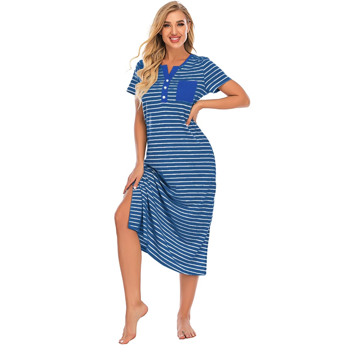 Jlowesun Chemise de Nuit à Rayures pour Femmes Robe de Nuit à Boutons Doux et à Manches Courtes avec Poches