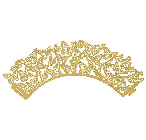 Bakell - Laser Cut Cupcake Wrappers (25pcs, Standard Size) Grease Resistant Wrappers for Desserts, Baking, Caking and Decorating (Gold Butterfly Lace)