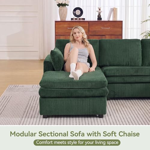 Image of 110 inch Sectional Couches with Left Chaise, Comfy Deep Dual-Layer Cushion Couch, 7 Seater U Shaped Couch, Modern Modular Sofa, Corduroy Sofas for Living Room, Apartment, Green
