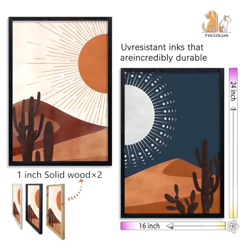 Sun and Moon Cactus Desert Landscape Wall Art Decor 24"x16" Modren Farmhouse Living Room Set of 2 Botanical Prints Wooden Framed Bedroom Boho Multicolor Minimal Wall Hanging Sign (Black) - Image 2