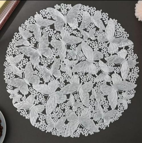 Image of HomeCloud PVC Material Round Shape Table Mat, Dining Table Mat,Table Placemats, Round Mats,Best for Bed-Side Table /Center Table, Dining Table /Shelves (Butterfly Silver, Set of 2)