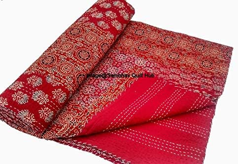 Red Patch Quilting Hippie Kantha Ajarkh Hippie Handmade Queen Size Kantha Bedspread Ajrakh Reversible Hand Stitched Cotton Kantha Quilts Bohemian Floral Kantha Twin/Queen (60X90 inch)