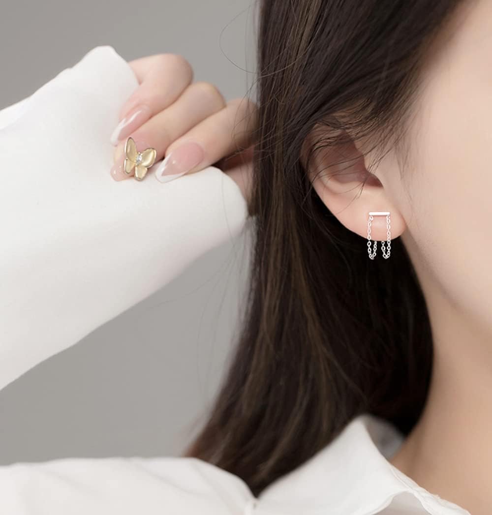 Reffeer Solid 925 Sterling Silver Bar Tassel Chain Drop Earrings for Women Teens Bar Drop Earrings Minimalist Studs - Image 2