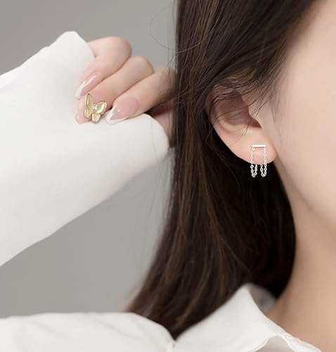 Miniatura 2 de Reffeer Solid 925 Sterling Silver Bar Tassel Chain Drop Earrings for Women Teens Bar Drop Earrings Minimalist Studs