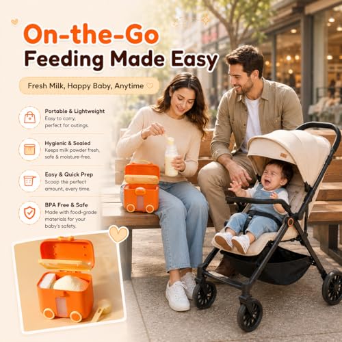 Image of Uonibaby by StarAndDaisy formula milk container for baby milk powder container with scoop holder , portable Formula Dispenser, Airtight First Feed Baby food Storage container / Box for travel (Bus - Orange)