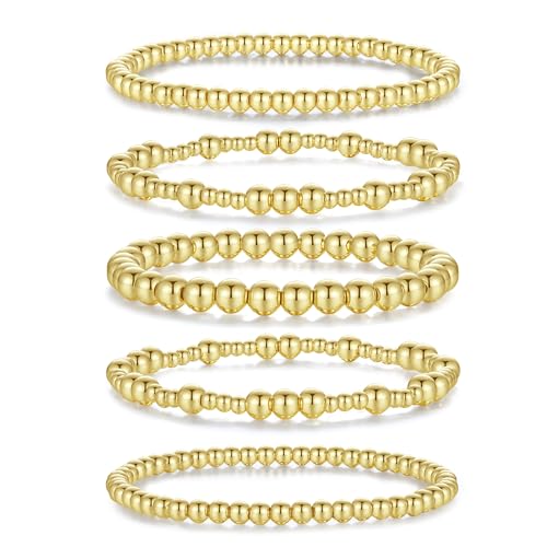 Image of Sahoottie 5 Pcs Gold Beaded Bracelets for Women Gold Plated Bead Bracelets Stretch Adjustable Bracelet Dainty Bracelet Golden Stacking Jewellery for Everyday Wear 3/4/5/6/7mm