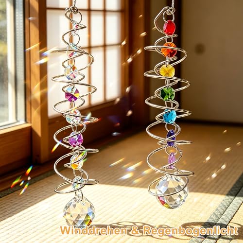 Pack of 2 3D Spiral Tail Crystal Suncatchers - Rotating Wind Chime for Outdoors, Colourful Crystal Ball with Rainbow Effect, Garden Decoration and Window Decoration Hanging Modern for Balcony Garden — view 3
