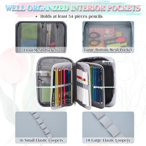 Image of VX VONXURY Large Pencil Case, 54-Slot Colored Pen Pouch 2 Removable Sleeves | Cute Zipper Pencil Bag Organizer, Top Handle, Front Zip Pocket, Durable Fabric for Art Supplies Markers School Travel College