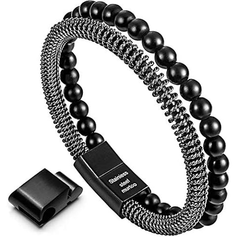 murtoo Mens Bracelet Bead Leather Bracelet, Steel Chain and Leather Bracelet and Cuff for Men with Adjustable Clasp (Onyx Black, 7.3") Cover