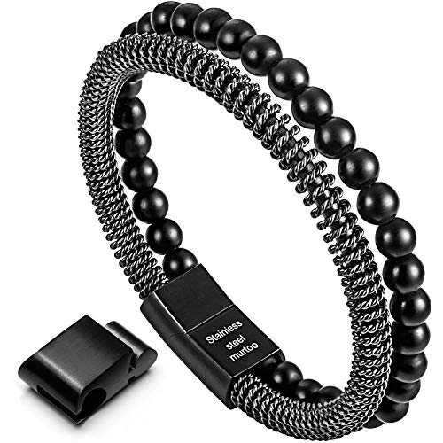 Murtoo Mens Bracelet Bead Leather Bracelet, Steel Chain And Leather Bracelet And Cuff For Men With Magnetic Clasp (Onyx Black, 7.3"-8.3") #TOP14