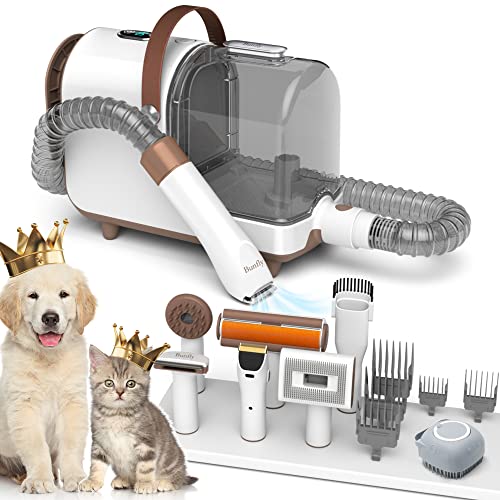 Bunfly Pet Clipper Grooming Kit & Vacuum Suction 99% Pet Hair, 7 Pet Grooming Tools, 3L Large Capacity Easy Clean Dust Cup for Pet Hair, Home Cleaning(Brown)