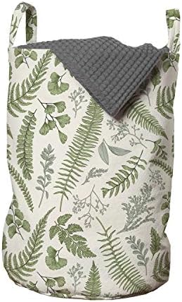 Lunarable Vintage Laundry Bag, Floral Pattern with Boxwood ed Eucalyptus Fern Maidenhair, Hamper Basket with Handles Drawstring Closure for Laundromats, 13" x 19", Reseda Green