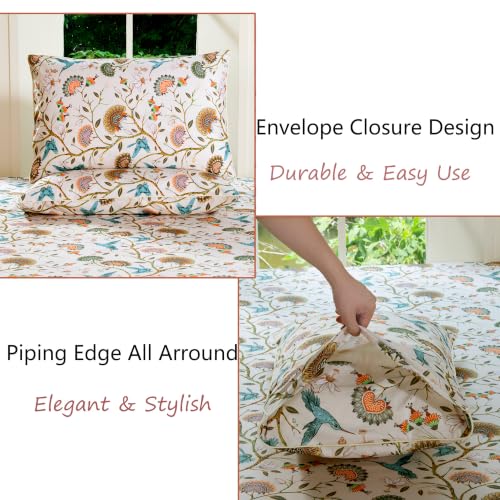 Image of FADFAY Twin 100% Egyptian Cotton Sheets Set 4 Piece, Luxury Cottagecore Botanical Floral Bird Print Ultra Soft Cooling Bed Sheets Set, Breathable Deep Pocket Hotel Quality Bedding for Hot Sleepers