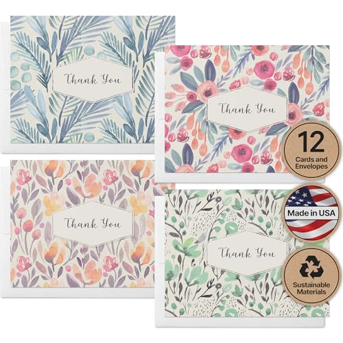 Image of Twigs Paper Watercolor Flowers Thank You Cards, 12 Blank Note Cards
