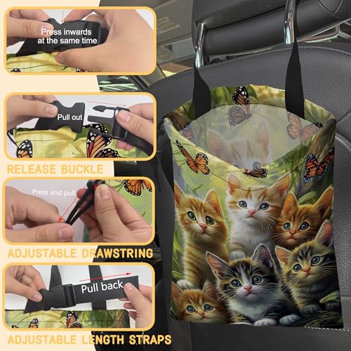 Image of Cute Cats with Butterfly Car Trash Bag, Hanging Drawstring Car Garbage Bag,Canvas Car Back Seat Organizer with Adjustable Buckle for Men and Women