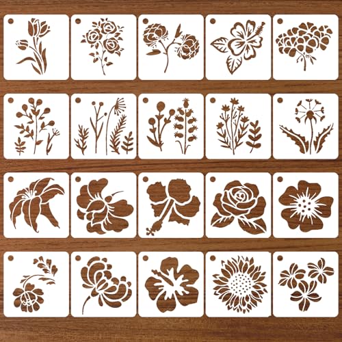 BOHUIZ 20 Stück Malschablonen, Schablonen Blumen wiederverwendbare Kunststoff Schablonen malen für Bastelarbeiten Möbel Wand Scrapbooking DIY Malerei Holz Möbel 7.5x7.5cm