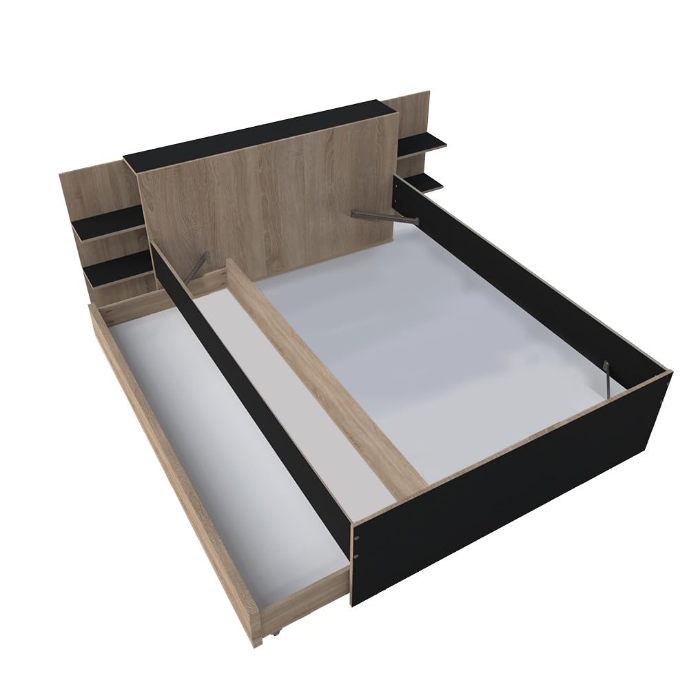 WEBER INDUSTRIES Lit City 140x190 + tête de lit Chevet+ 1 tiroir/Décor Noir & chêne Blanchi