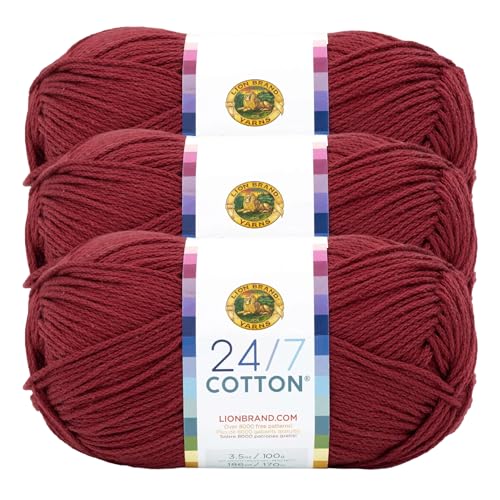 Image of Lion Brand Yarn, 24 /7 Cotton Mercerized Lightweight Yarn for Knitting, Crochet, and Crafts, Burgundy, 3 Pack, 185 Yards of Natural Fiber for Breathable Tops, Durable Bags, and Easy-Care Dish Cloths | Light Worsted 100% Mercerized Cotton Yarn for Crochet, Knitting, Craft, 185 Yards of Natural Fiber for Tees, Bags, Dishcloths