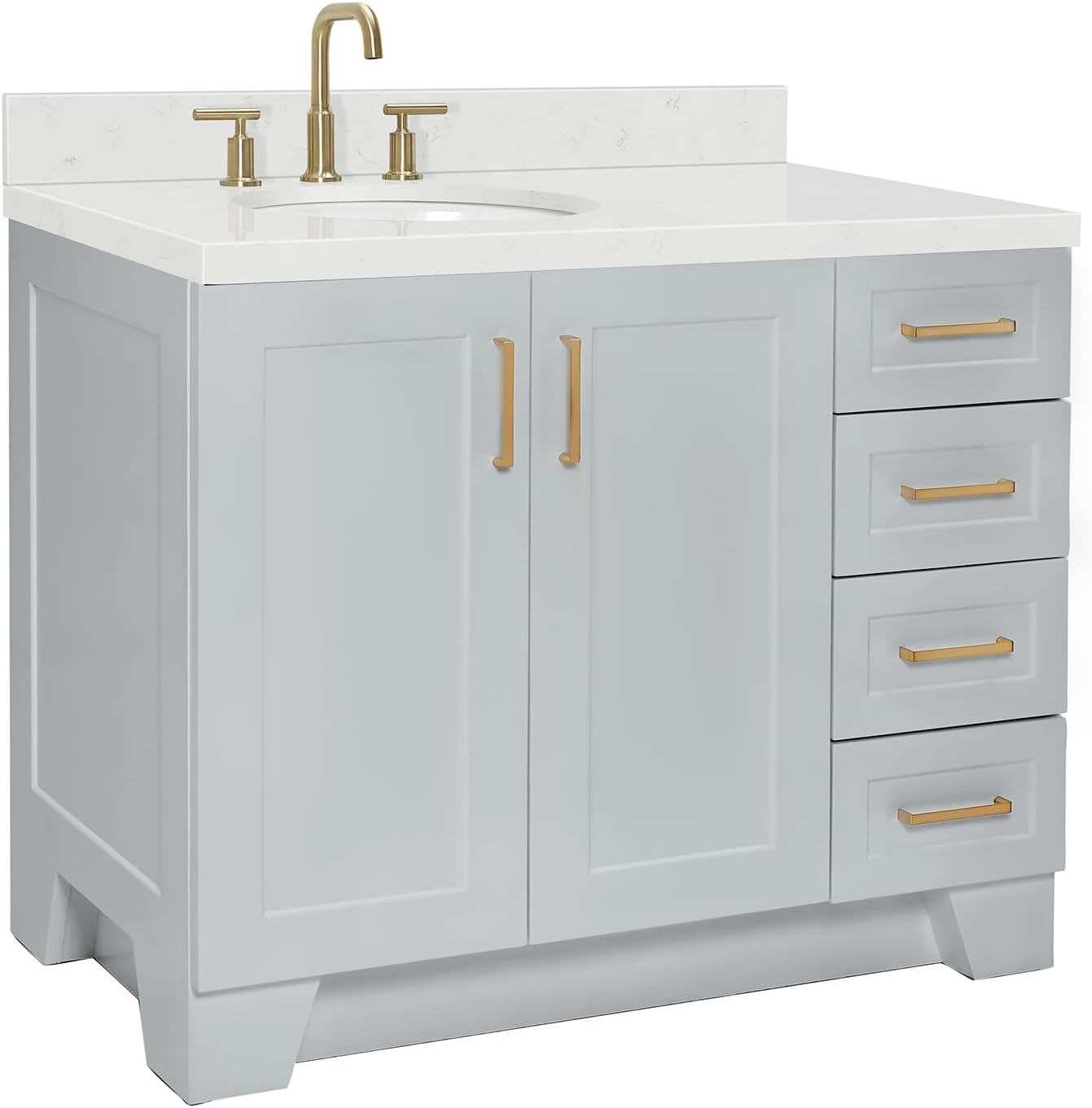 ARIEL Taylor 42-inch Bathroom Vanity with Sink,Solid Wood, 1.5-inch Carrara White Quartz Countertop & Backsplash, Single Oval Porcelain Sink, 2 Soft Closing Doors, 5 Dovetail Drawers, Grey