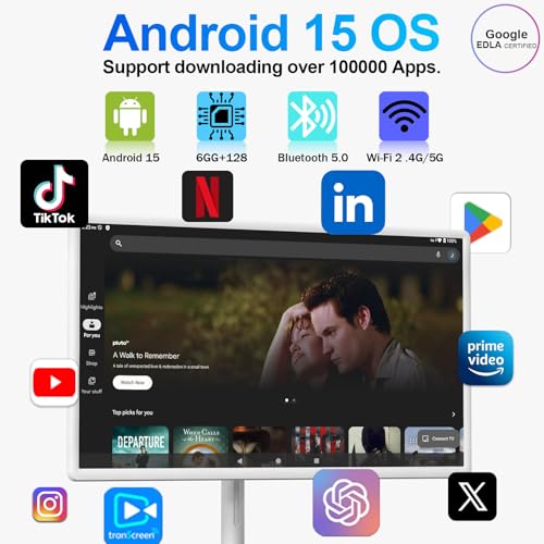 Image of 32 inch FHD Smart Portable TV, Rolling TV on Wheels, Android 15 OS, 6G +128GB Storage, Portable Touch Screen Monitor, 8MP Camera, Built-in Battery, Full Swivel Rotation, Voice Remote