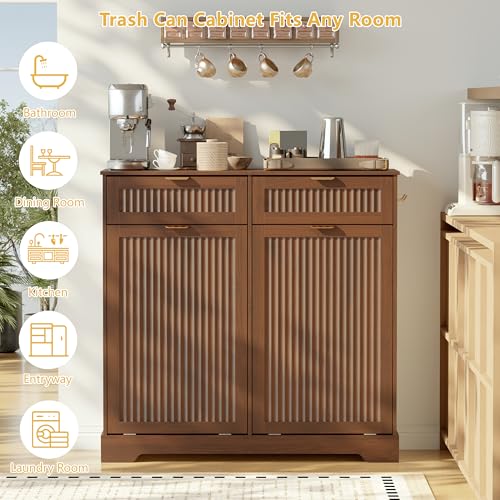 Image of Double 13 Gallon Tilt Out Trash Can Cabinet,Garbage Cabinet with Drawer | Hidden Garbage Storage with Fluted Design, Drawer & Hooks for Kitchen, Dining Room and Small Space Organization,Walnut