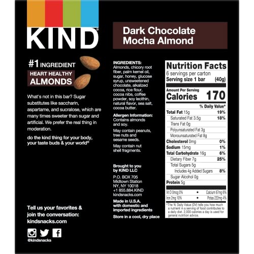 Image of KIND Nut Bars, Dark Chocolate Mocha Almond, Gluten Free, Low Sugar, 5g Protein, 6 Count (Pack of 4)