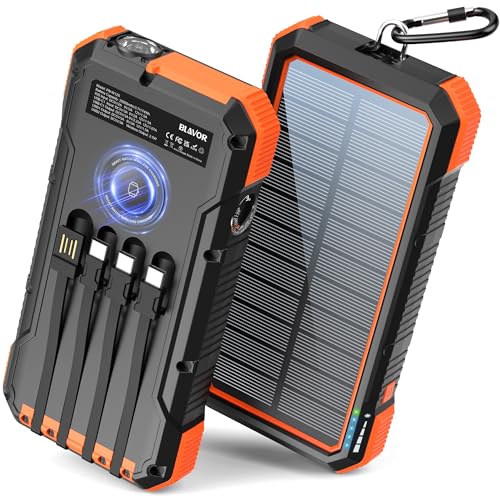 BLAVOR Solar Power Bank 20000mAh Built in 4 Cables, 20W Fast Charging Portable Charger with Wireless Charger for Apple Watch, Super Bright Flashlight, Compatible with all Phones and Electronic Devices