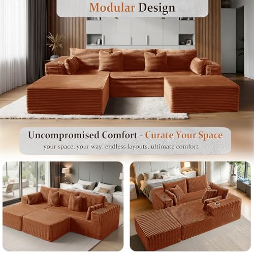 Image of 108 inch Cloud Sectional Couch, Comfort U Shaped Boneless Couch for Living Room, Extra Deep Seats No Assembly, Minimalist Modular Sofa, Corduroy (Deep Orange, 2 Seater+Right Facing Chaise+Ottoman)